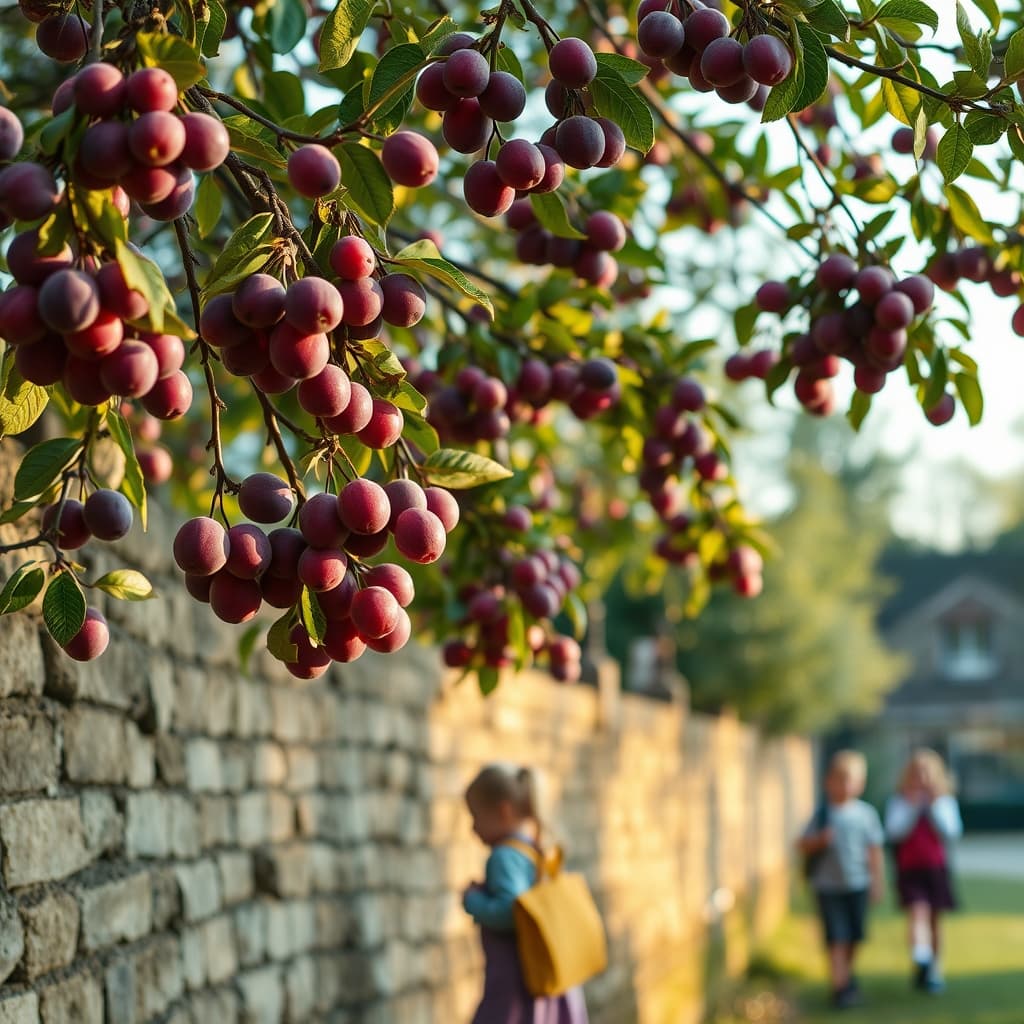 Plum branches hanging over an old garden wall as children pass after school