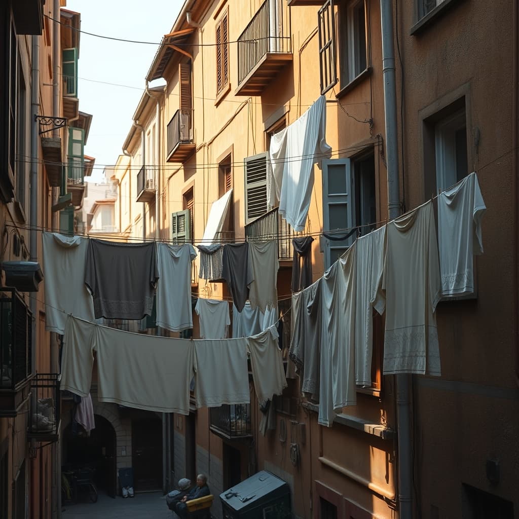 Laundry lines between balconies in an old city neighborhood courtyard