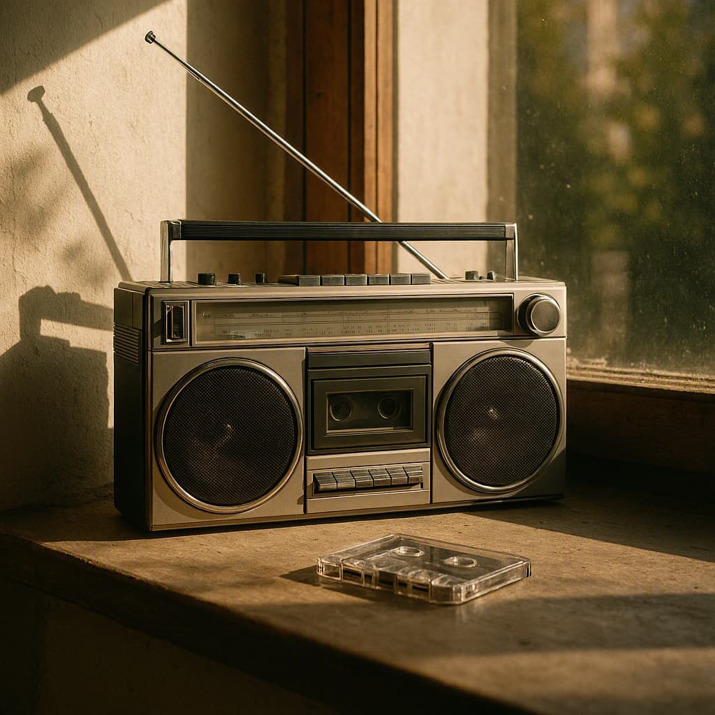 A vintage boombox on a windowsill with cassette tape and raised antenna