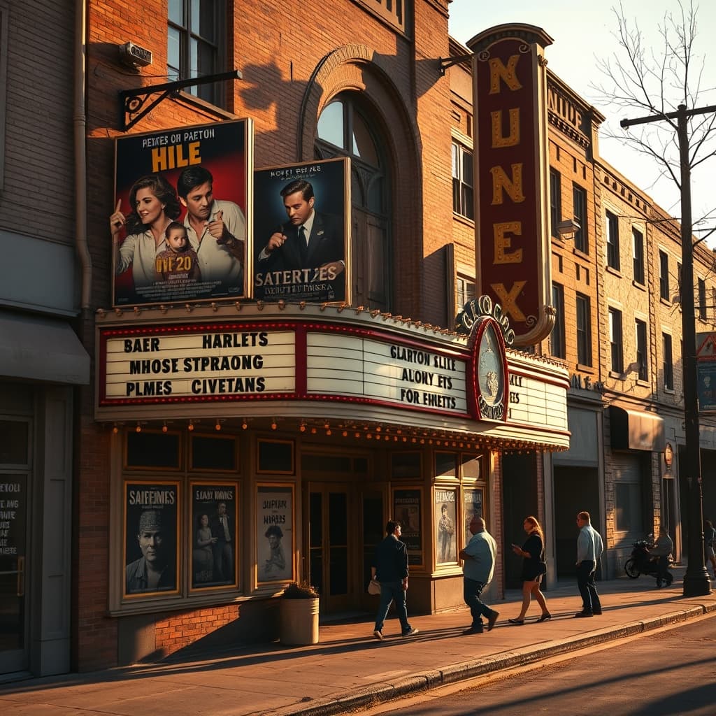 An old neighborhood cinema facade with star posters and people pausing outside
