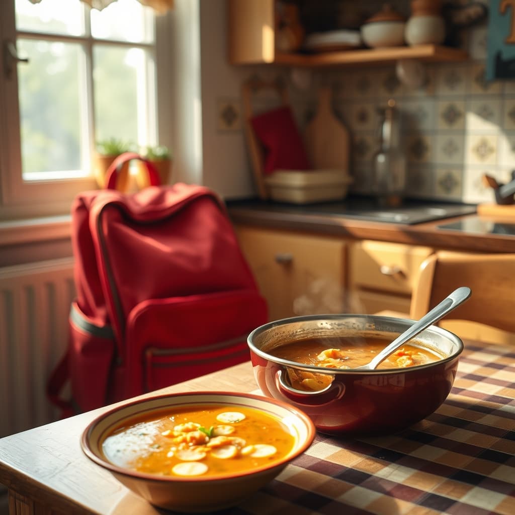 Warm tarhana soup waiting on a family kitchen table after school