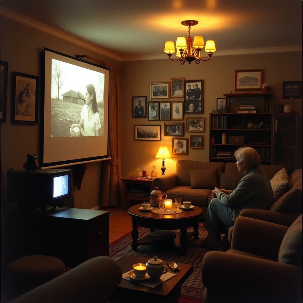 Family gathered around a slide projector in a nostalgic living room
