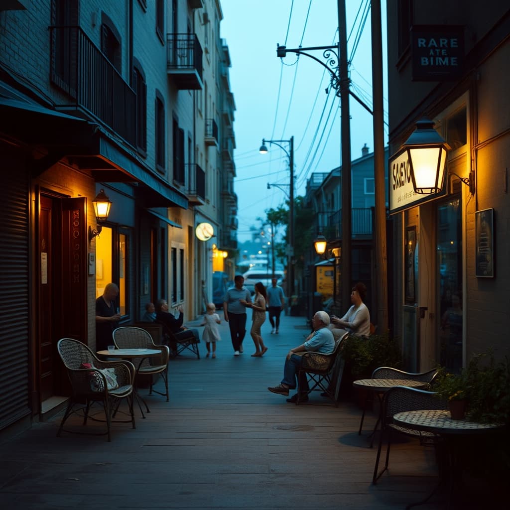 Neighbors sitting on sidewalk chairs in a nostalgic old city summer evening