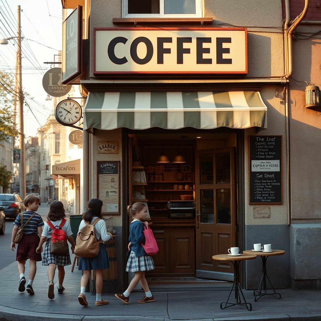 Schoolchildren passing a nostalgic neighborhood coffeehouse where shopkeepers share news