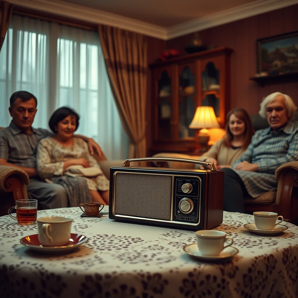 Family gathered around a transistor radio in an old living room
