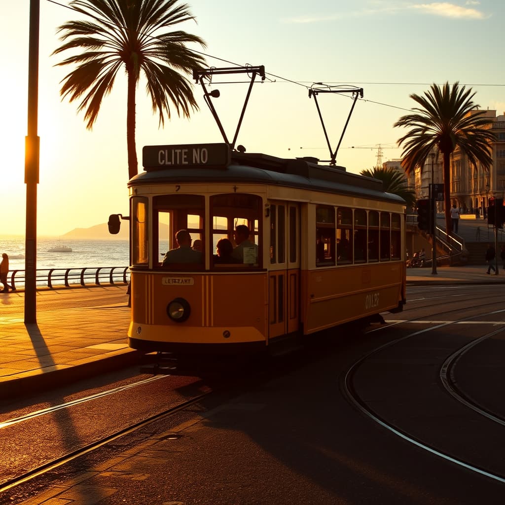 An old city tram moving along worn rails near a coastal street