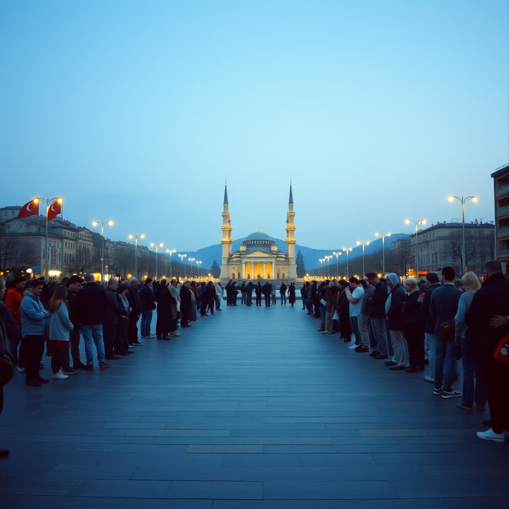 People gathered quietly in a public square at dawn in a moment of reflection.