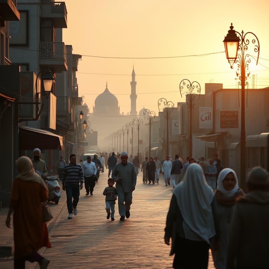 Families walking through an old city street on an early Eid morning