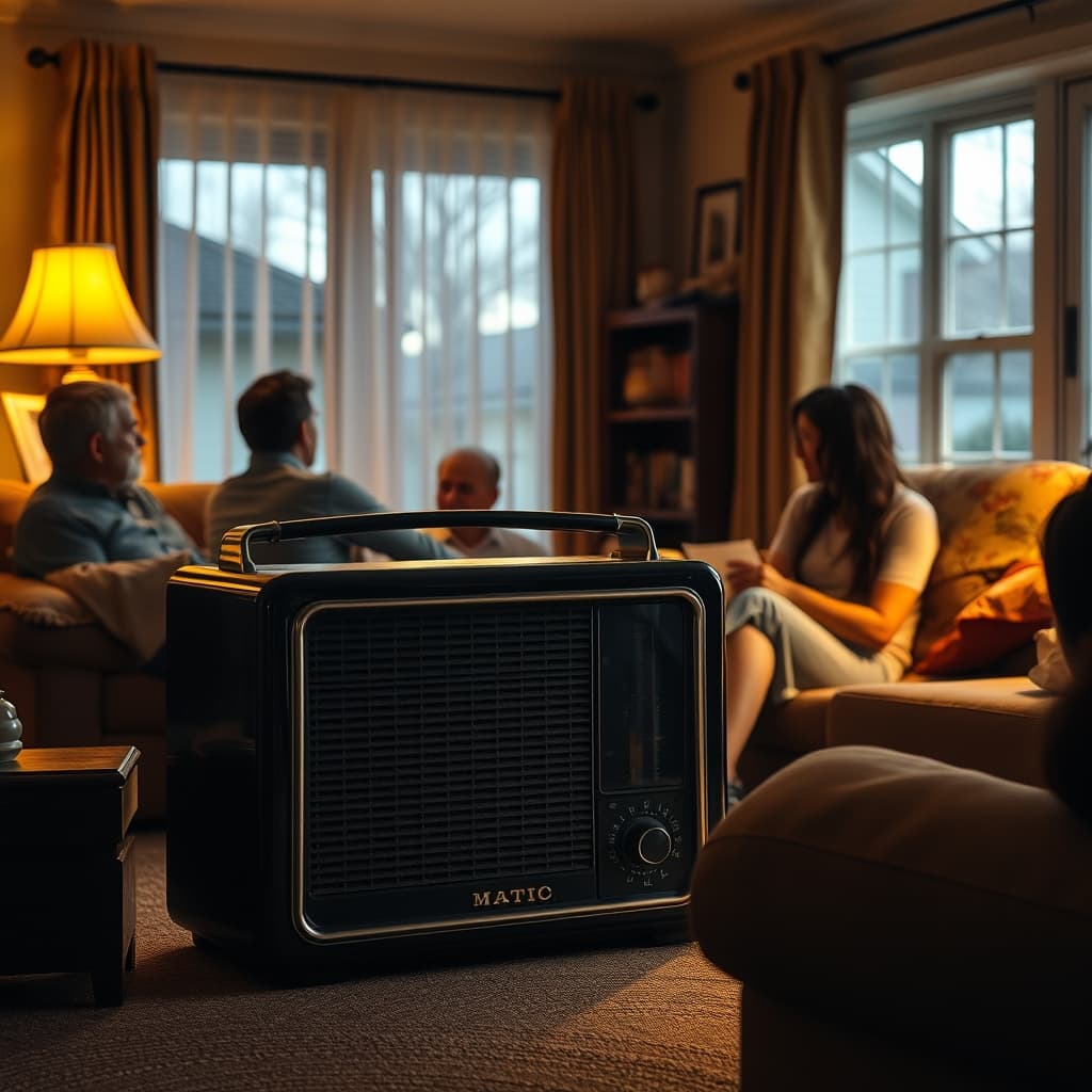 A vintage family radio glowing in a quiet old living room