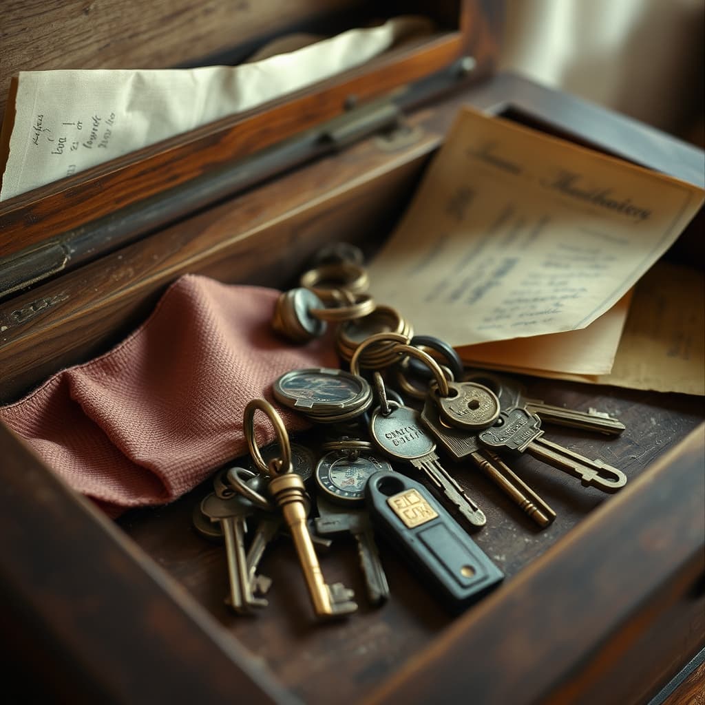 Old keychains and brass keys found at the bottom of a wooden chest