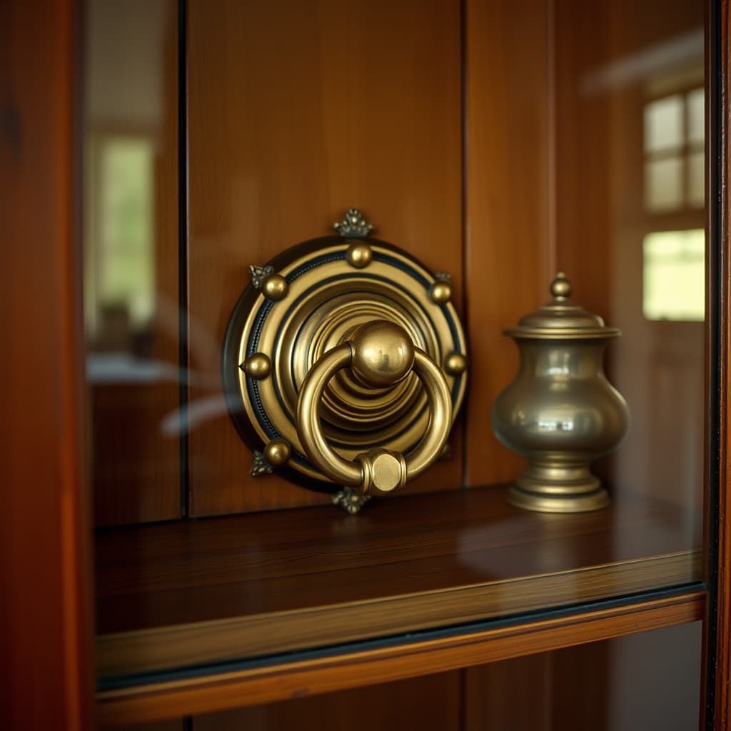 A polished vintage brass door knocker displayed in a glass cabinet.