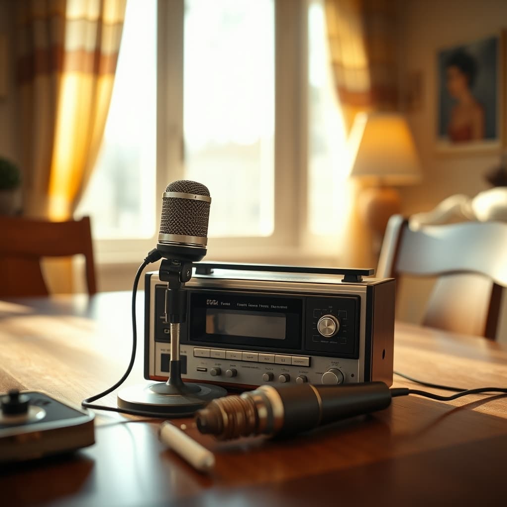 A vintage cassette deck with a microphone on an old family table
