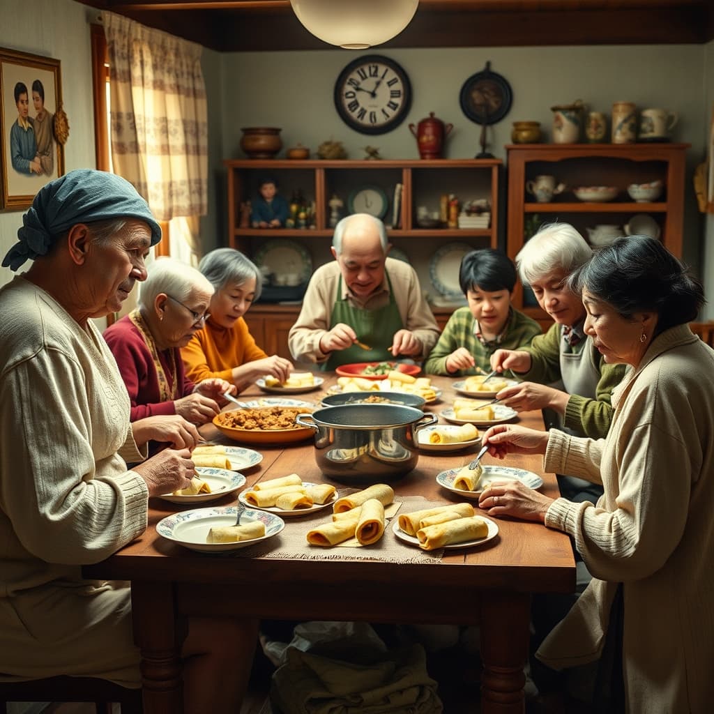 Several generations preparing festive grape-leaf rolls around a crowded family table