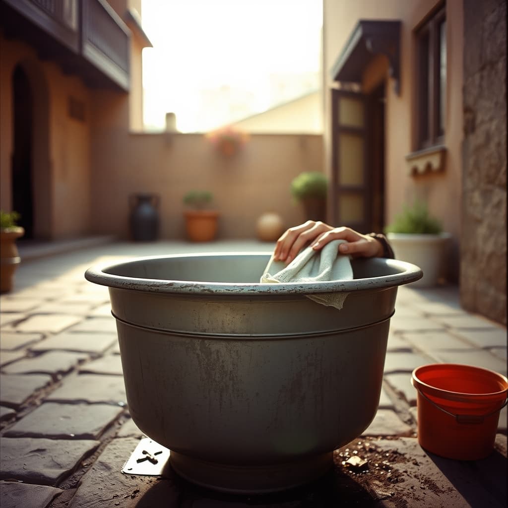 Hands polishing a vintage zinc basin in a sunlit courtyard.