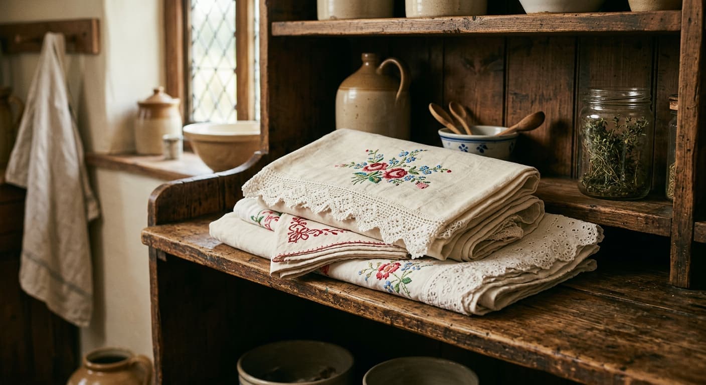 Embroidered pillowcases folded on old wooden kitchen shelves
