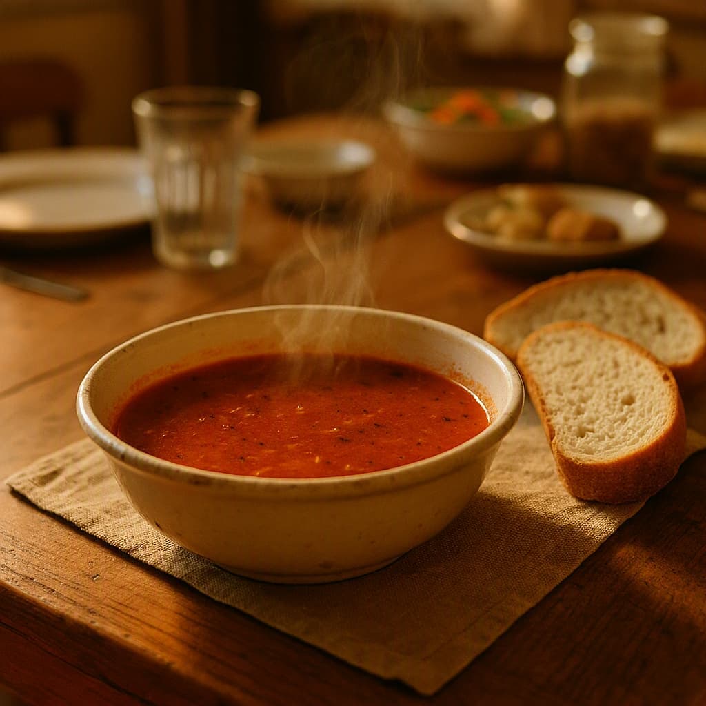 Homemade tomato soup steaming in an old bowl on a family table
