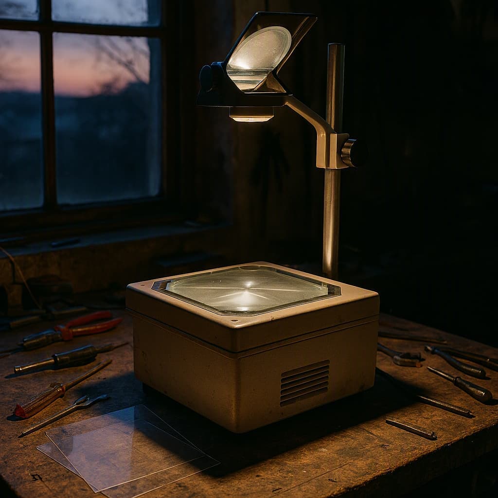 A vintage overhead projector being repaired on an old shop counter