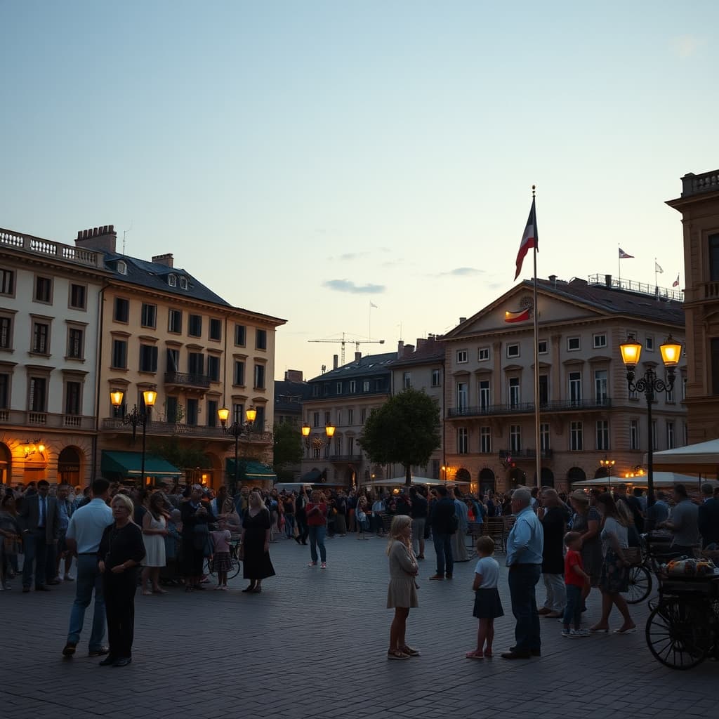 Old city square under streetlights during an official summer ceremony