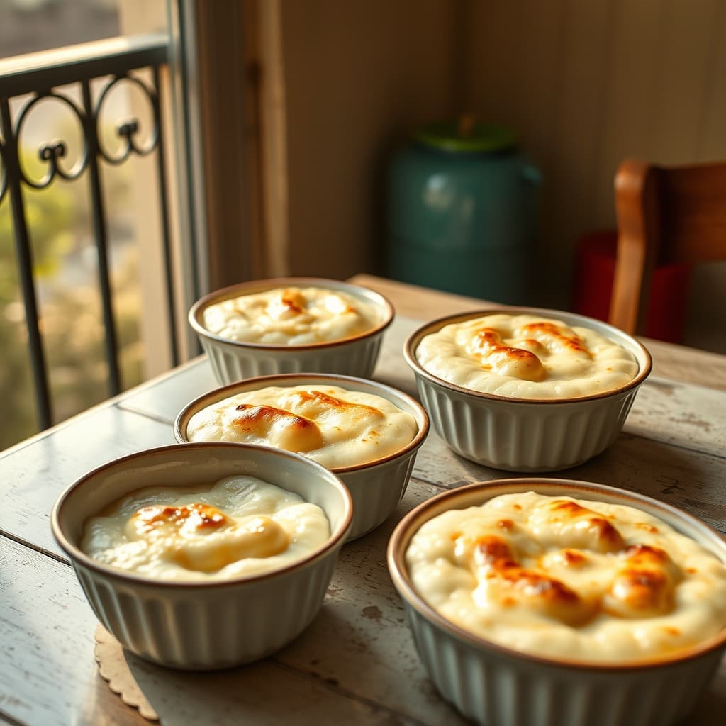 Bowls of baked rice pudding with browned tops on a nostalgic kitchen table