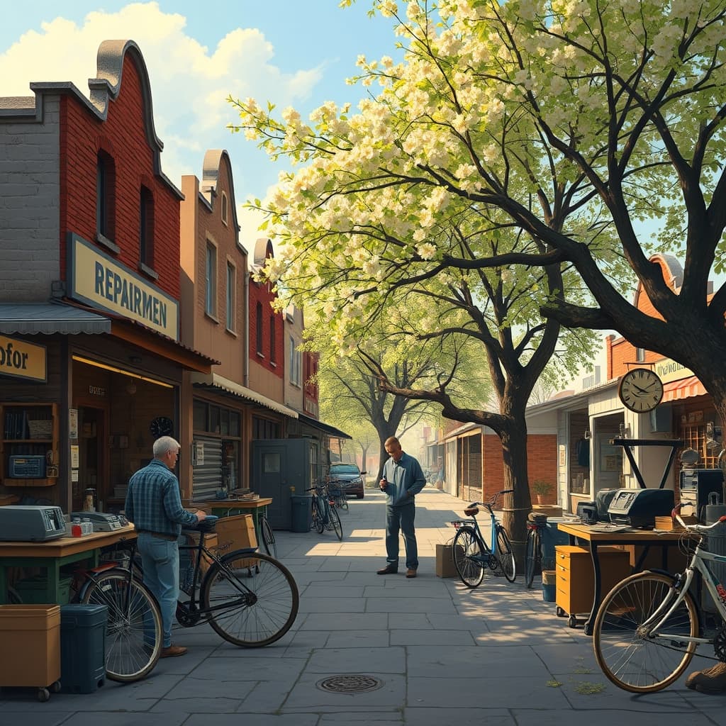 Repairmen street in spring with open workshops and neighbors waiting under a tree