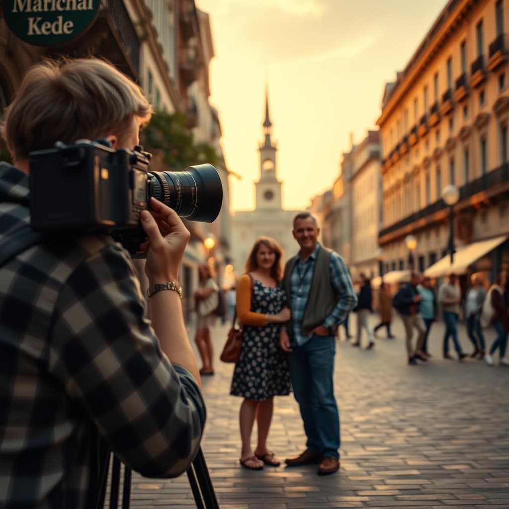 Old city photographer capturing a postcard-like family portrait on a summer evening