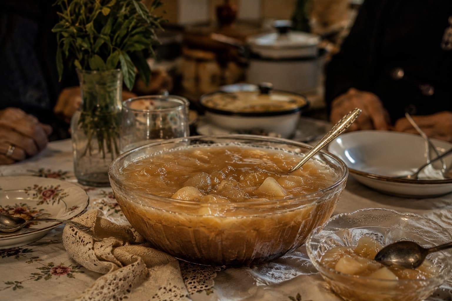 Old-fashioned pelte cooling in a glass bowl on a family table