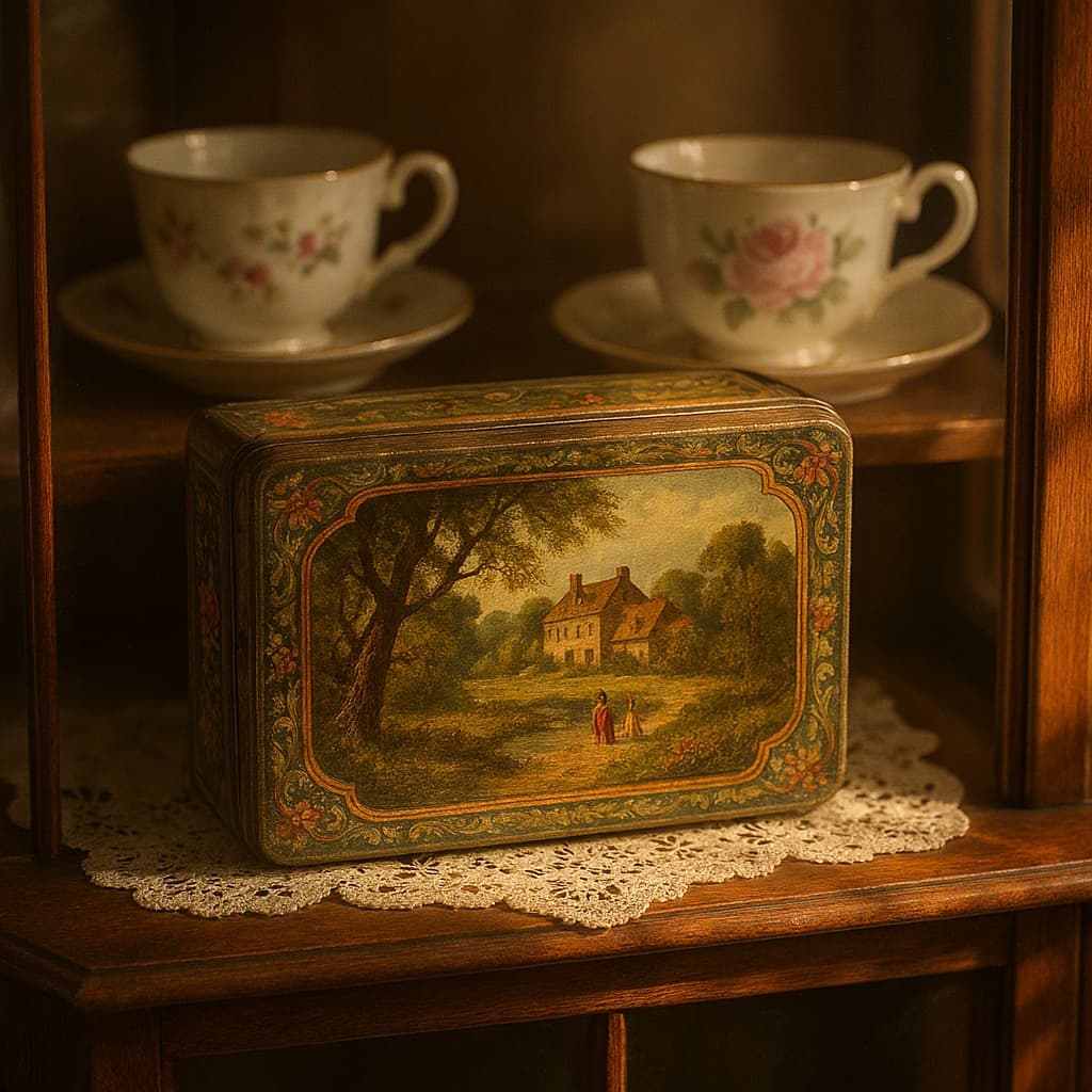 A decorative tin biscuit box displayed in an old salon cabinet