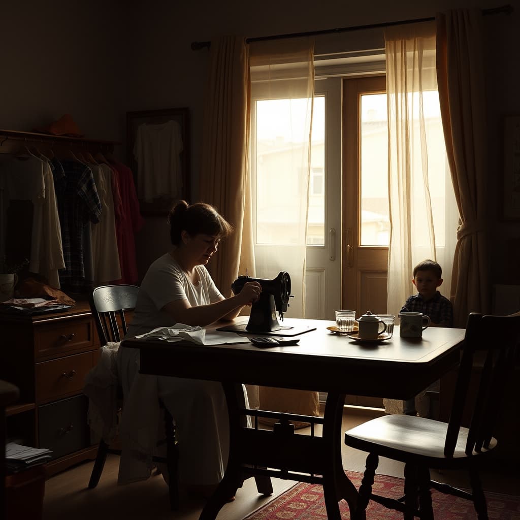 Neighbors visiting a sewing table before a holiday in an old neighborhood home