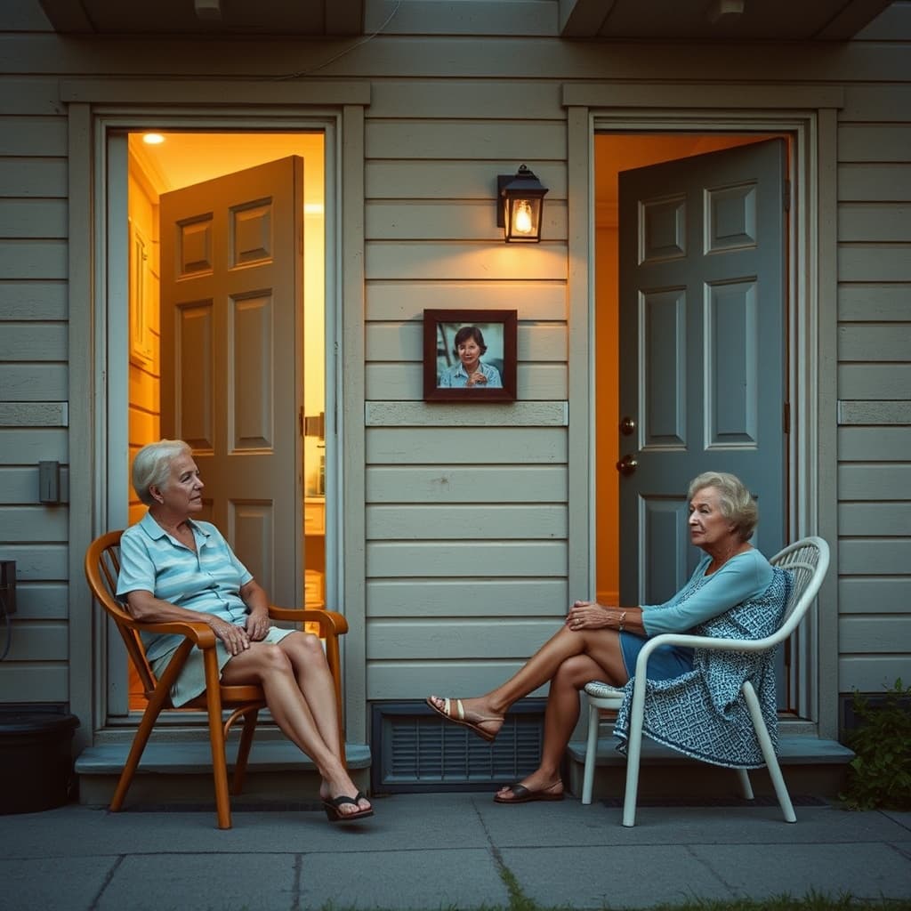 Neighbors talking outside their doors on a nostalgic summer evening