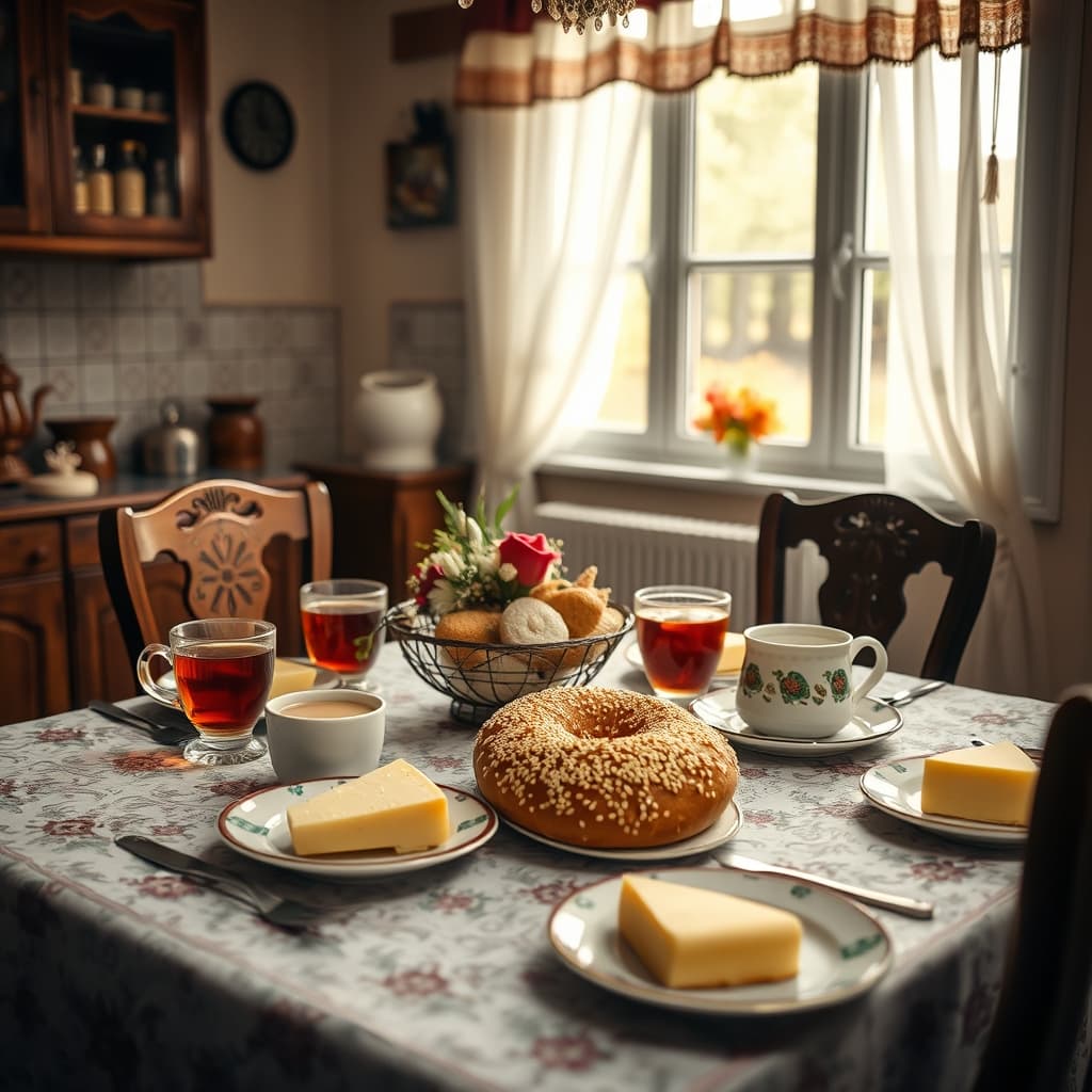 Fresh stone-oven simit on a family breakfast table with tea