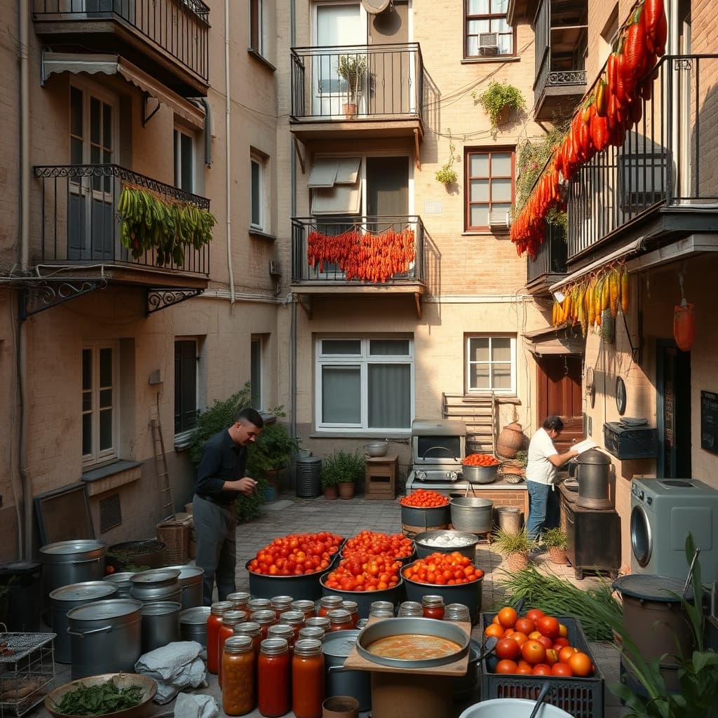 Apartment neighbors preparing jars and dried peppers for winter