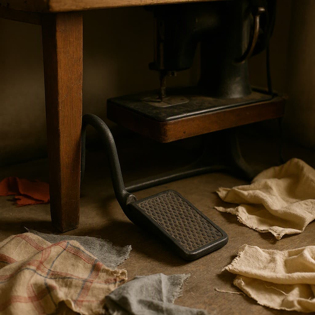 An old sewing machine foot pedal beneath a wooden sewing table