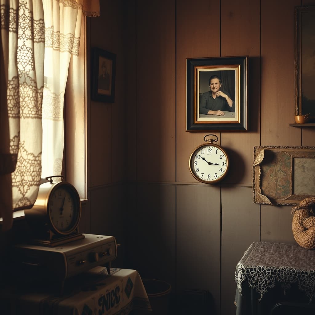 Wind-up clock in the unchanging corner of grandmother's house