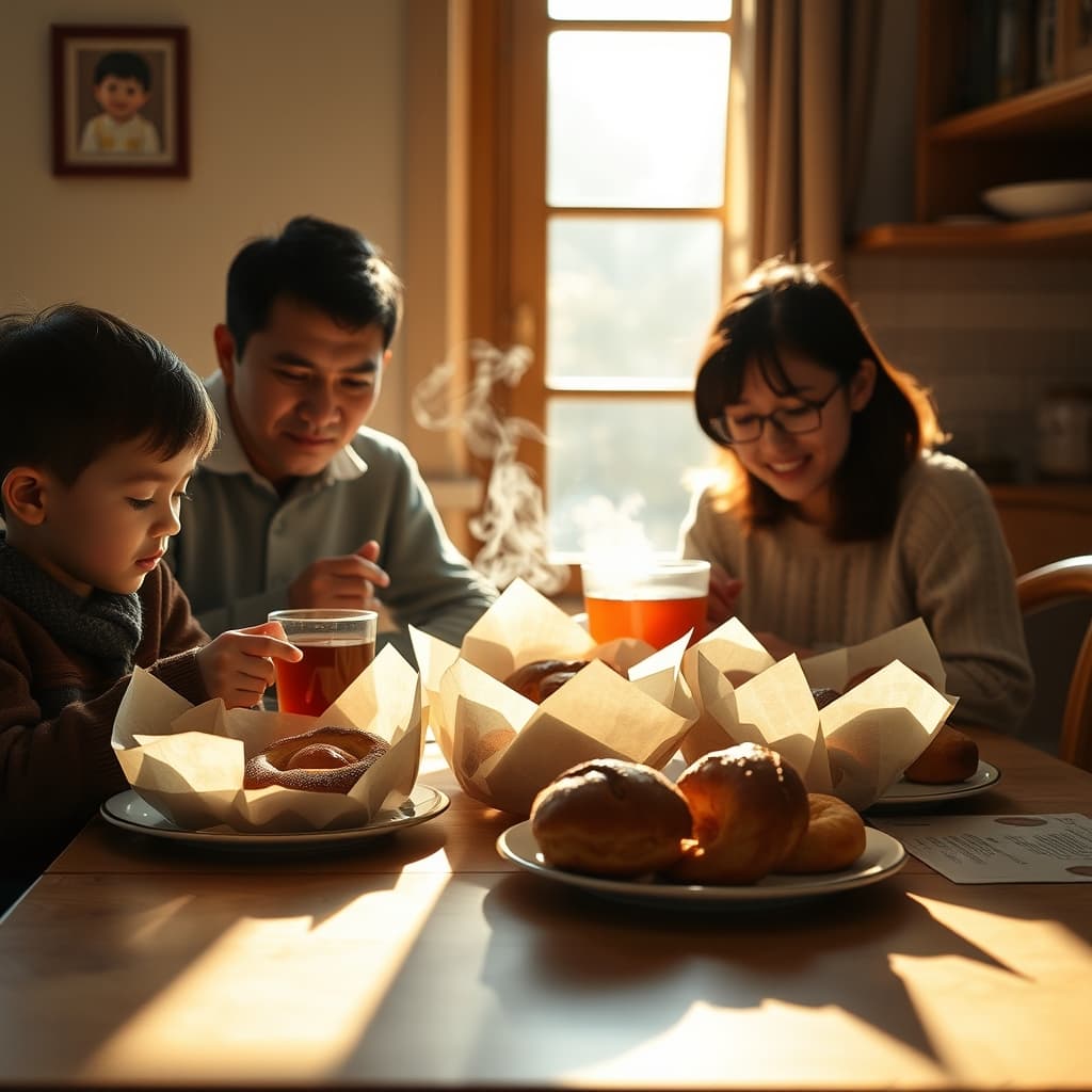 Warm neighborhood bakery pastries on a family table with tea