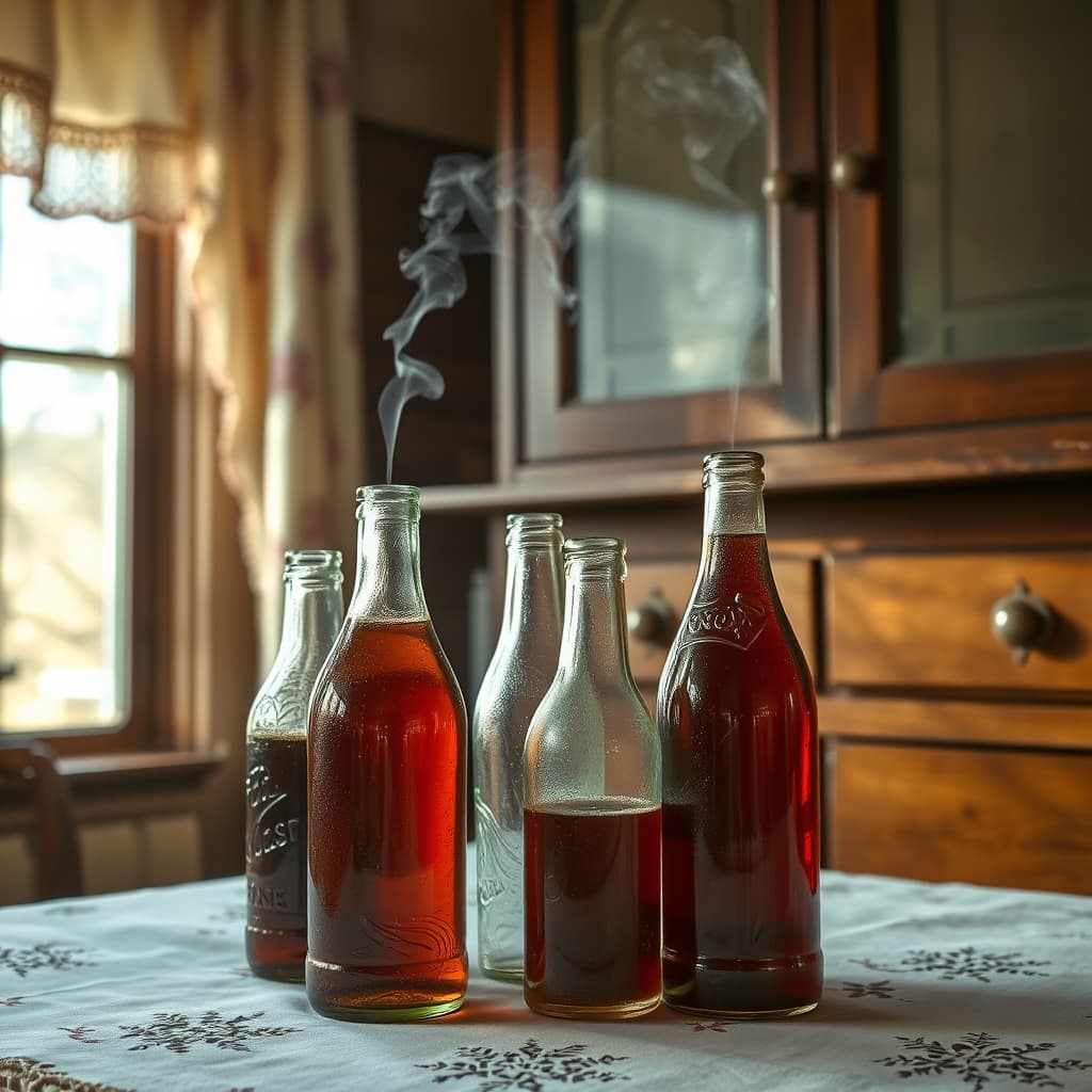 Vintage glass soda bottle kept among linens in an old dowry room