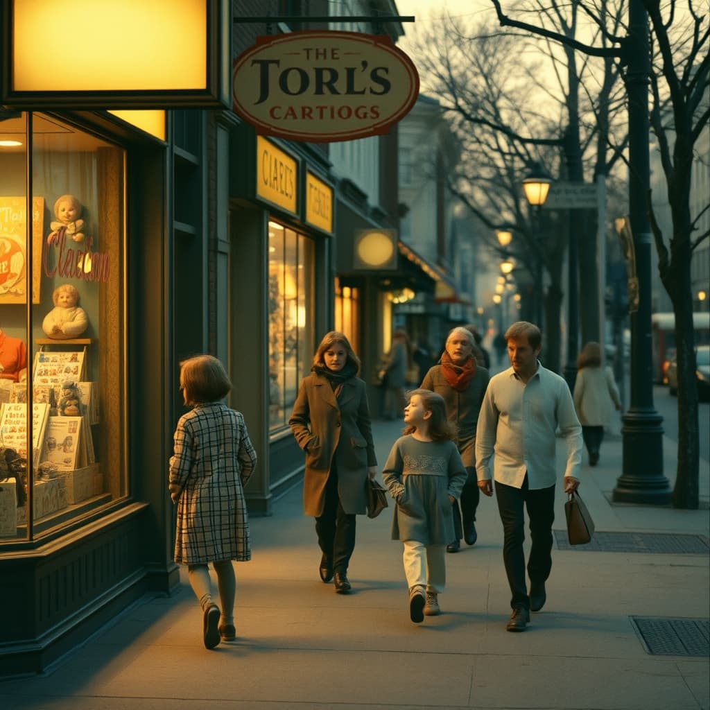 Families walking past nostalgic shop windows on a holiday-scented evening