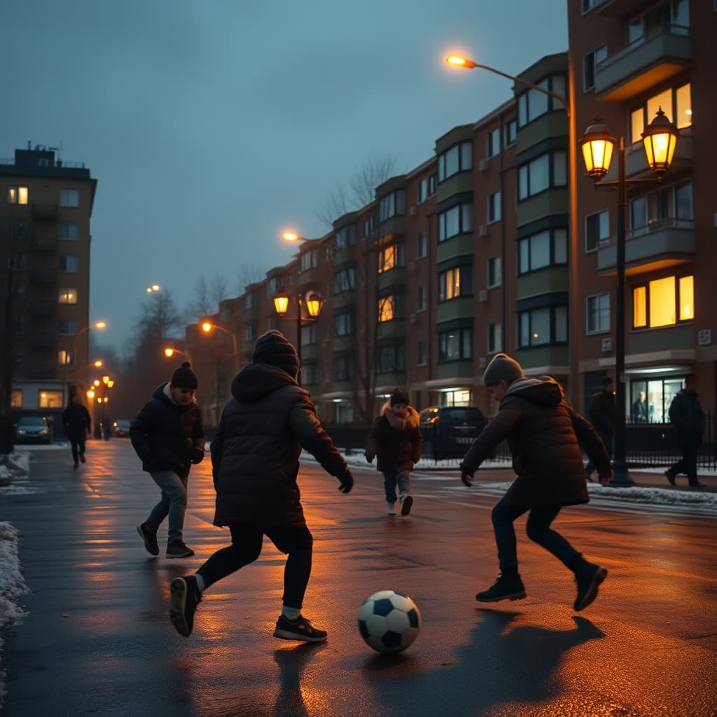 Children playing football under streetlamps on a winter evening