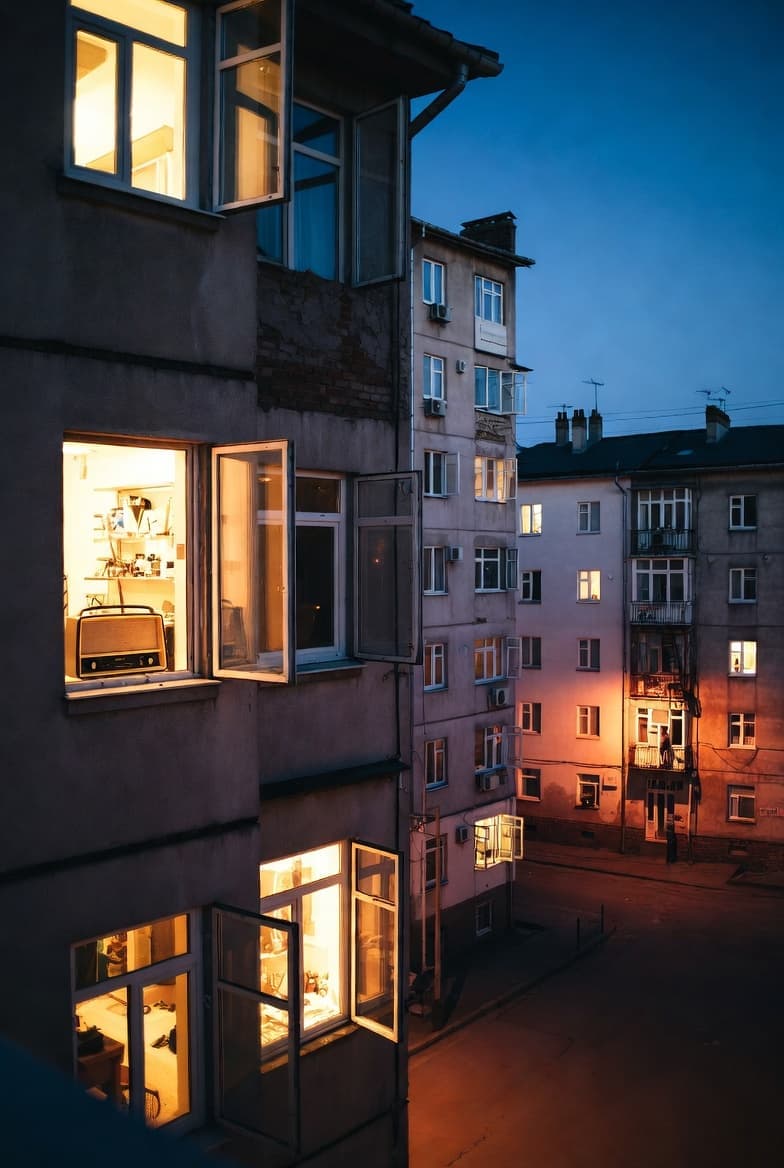 Open apartment windows glowing at evening with a vintage radio inside