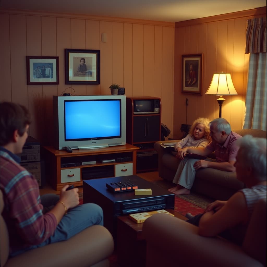 A family gathering around a television while a video cassette is inserted.
