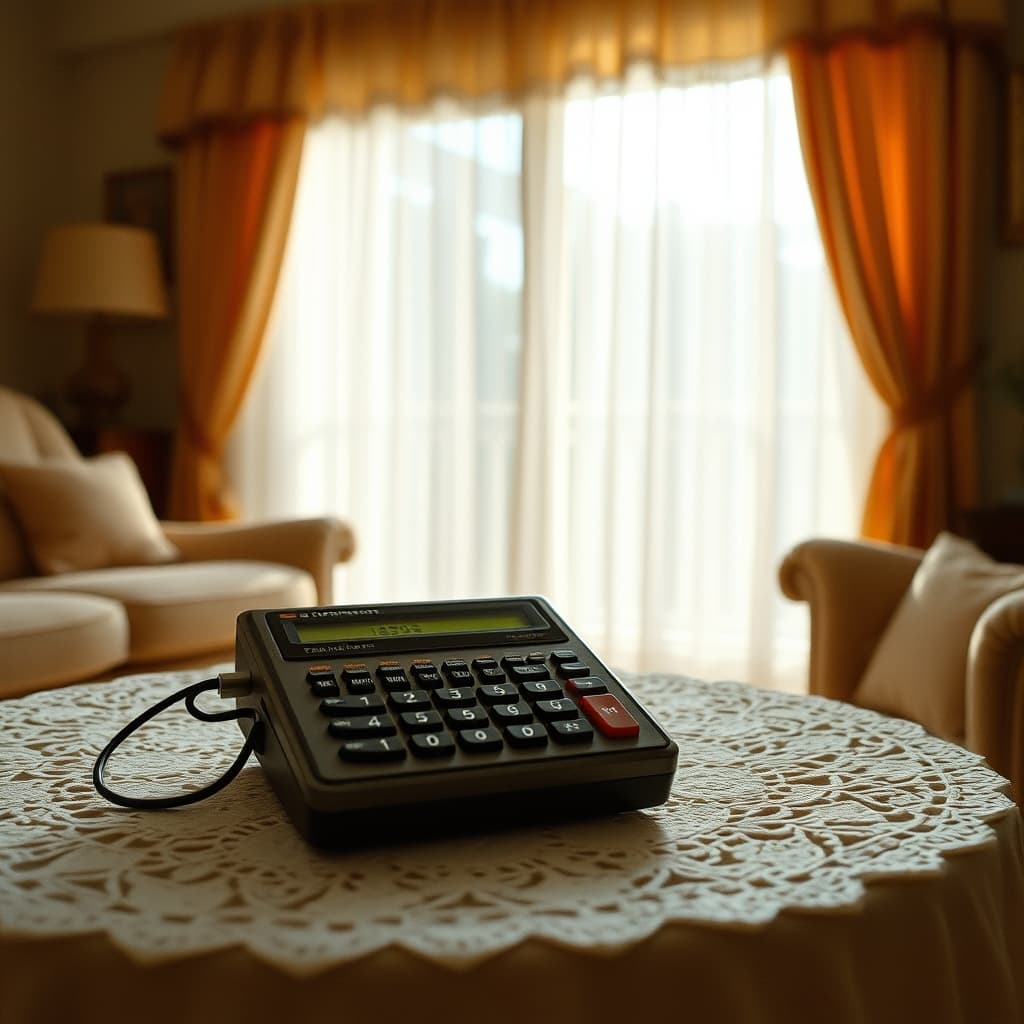 A 1990s pager resting on a lace-covered family living room table