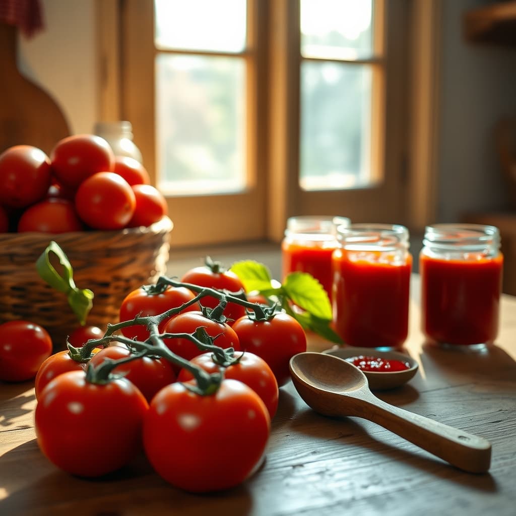 Ripe tomatoes and jars of homemade tomato paste on a sunlit kitchen table.