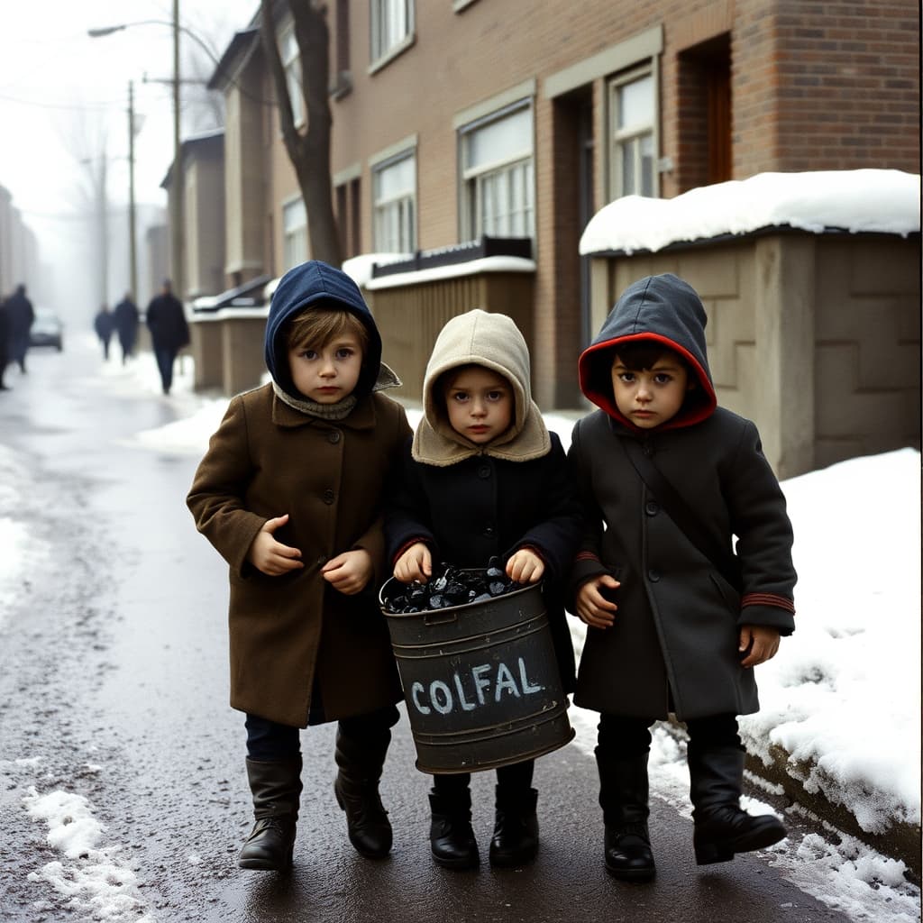 Children and an adult carrying a small coal bucket along a winter neighborhood street.