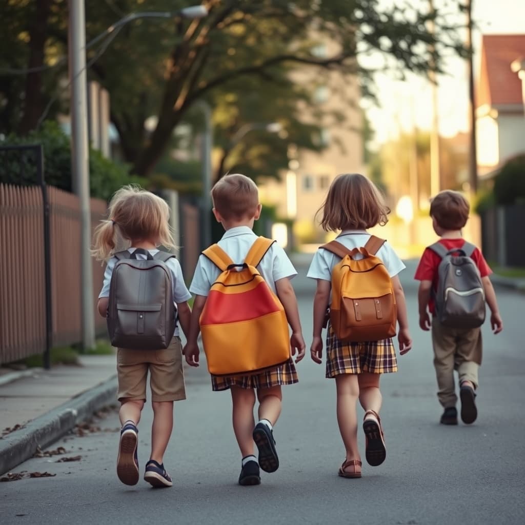 Children with school bags walking together through an old neighborhood street