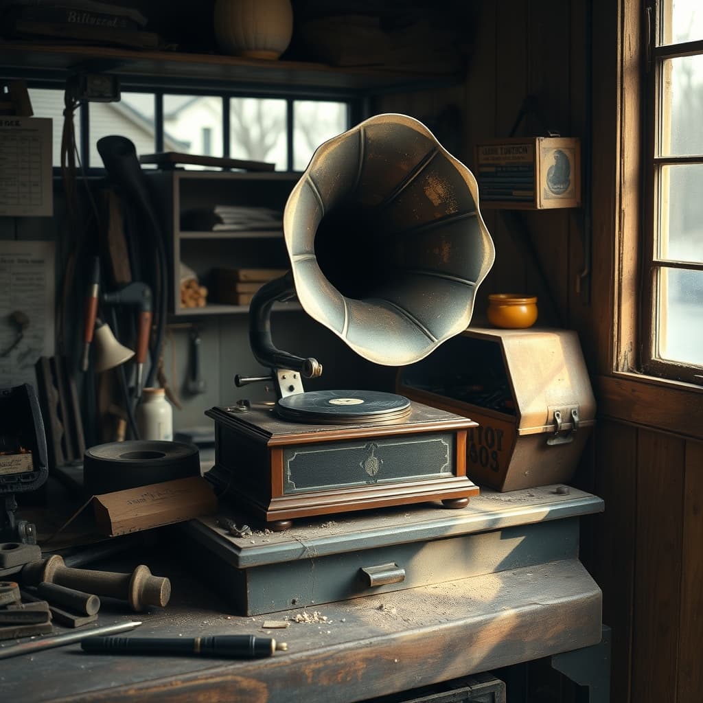 A vintage gramophone on a nostalgic repair shop counter with tools nearby