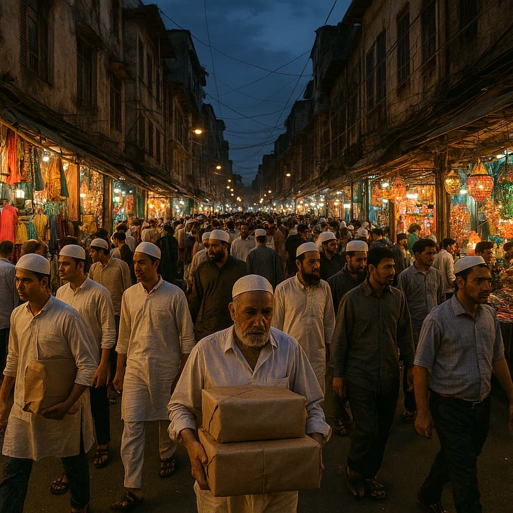 People hurrying through an old city street with parcels on Eid eve