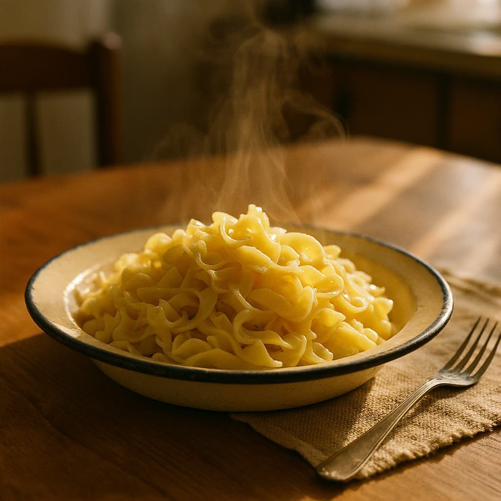 A warm plate of buttered noodles on a nostalgic family kitchen table