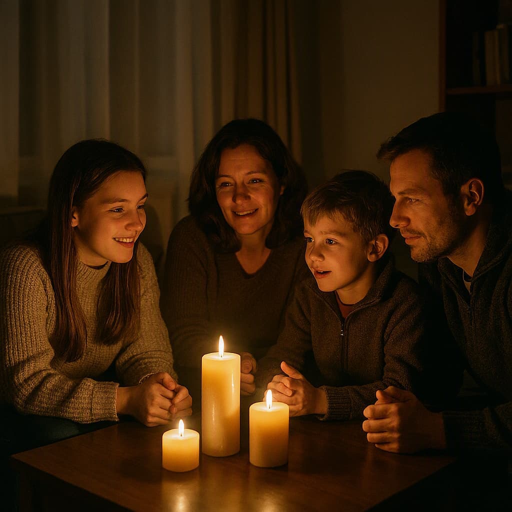 A family gathered around candles during a nostalgic winter power cut