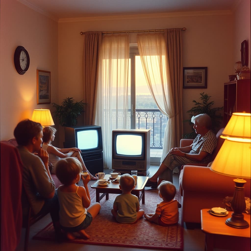 A family and neighbors gathered around a single-channel television on a summer evening