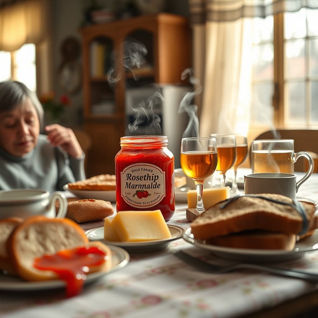 Rosehip marmalade jar on a crowded nostalgic family breakfast table