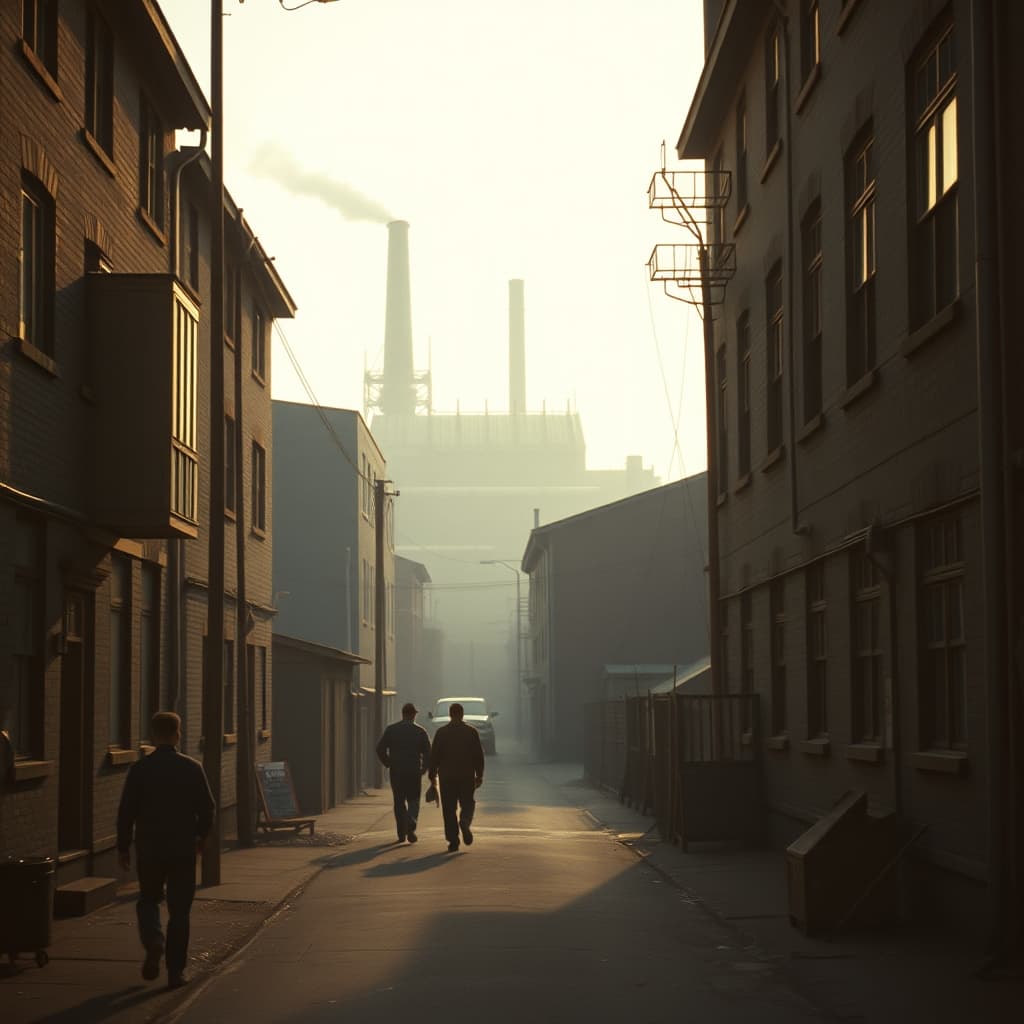 Old industrial neighborhood morning shaped by a distant factory whistle